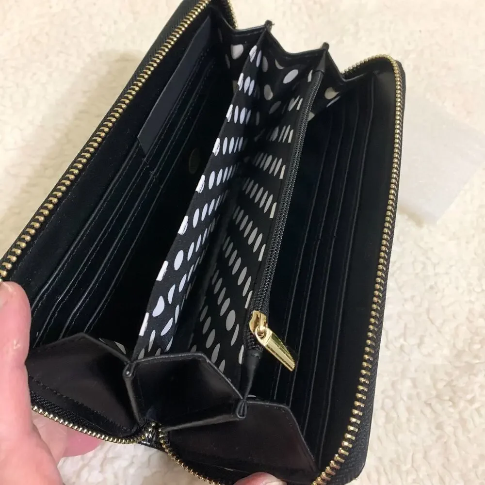Black Wavy Texture Striated Patent Leather Zip Around Continental Clutch Wallet